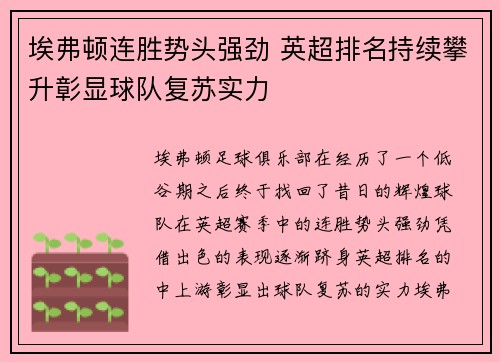 埃弗顿连胜势头强劲 英超排名持续攀升彰显球队复苏实力