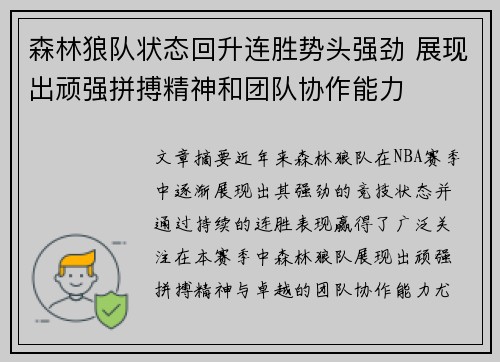 森林狼队状态回升连胜势头强劲 展现出顽强拼搏精神和团队协作能力
